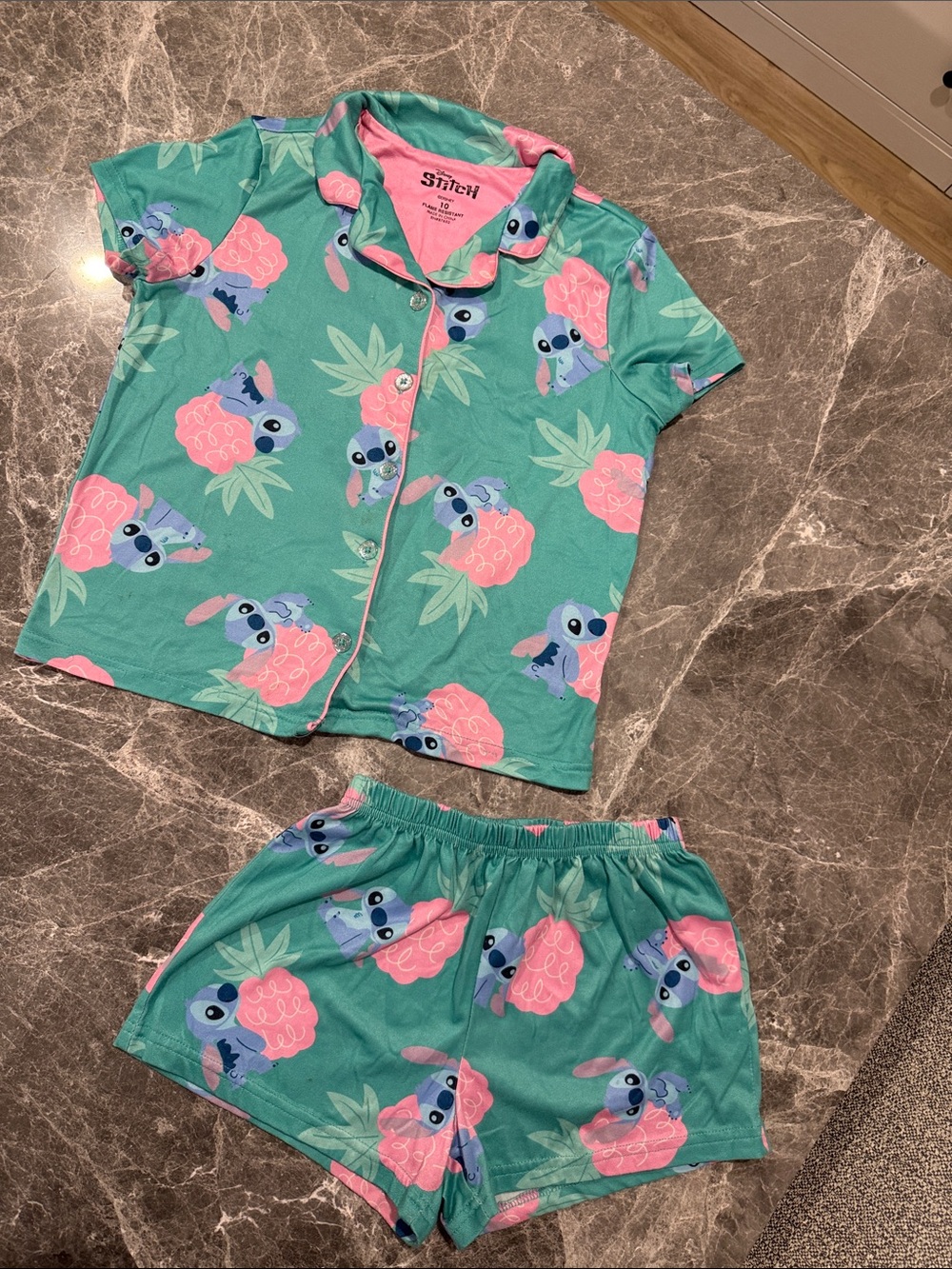 Disney Green & Pink Stitch Short Pajama Set